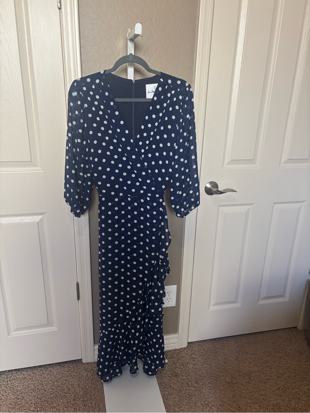 Polka Dot Wrap Midi Dress - Navy